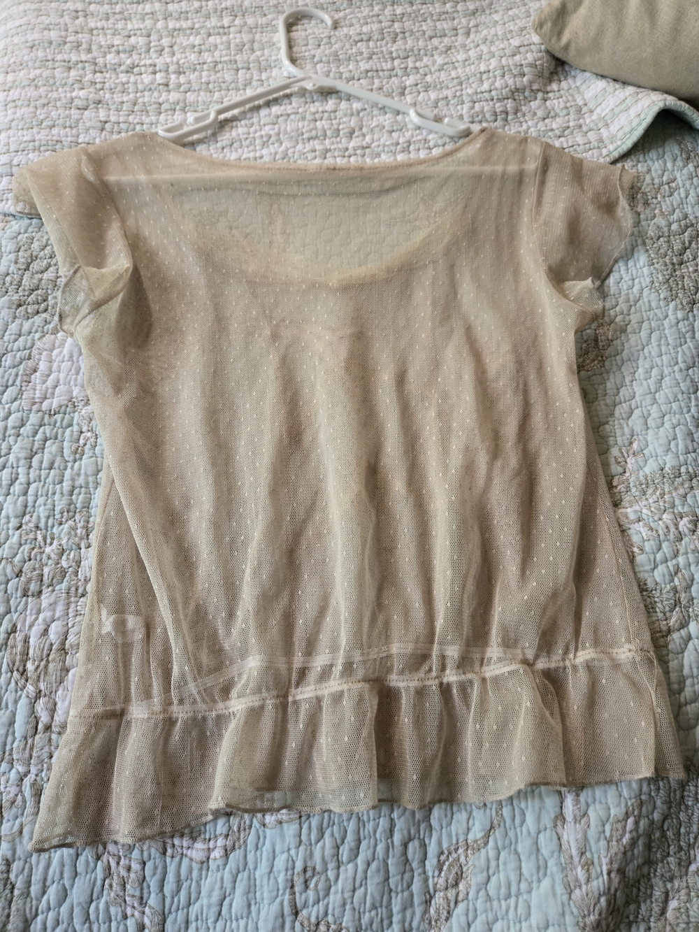 🍰 Sheer Taupe Lace-Trim Cap Sleeve Top M/L - Picture 11 of 11